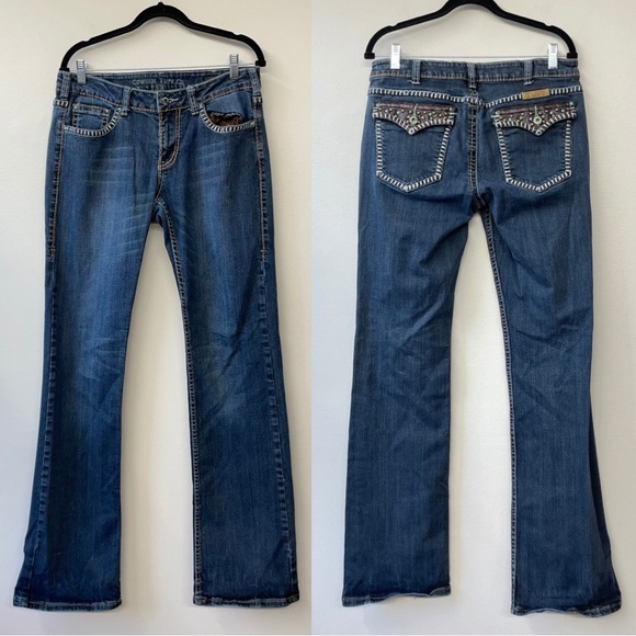 Cowgirl Tuff Bootcut Jeans Size 12 31 "Girls Night Out Brown" Leather Flap Rodeo - Picture 1 of 10